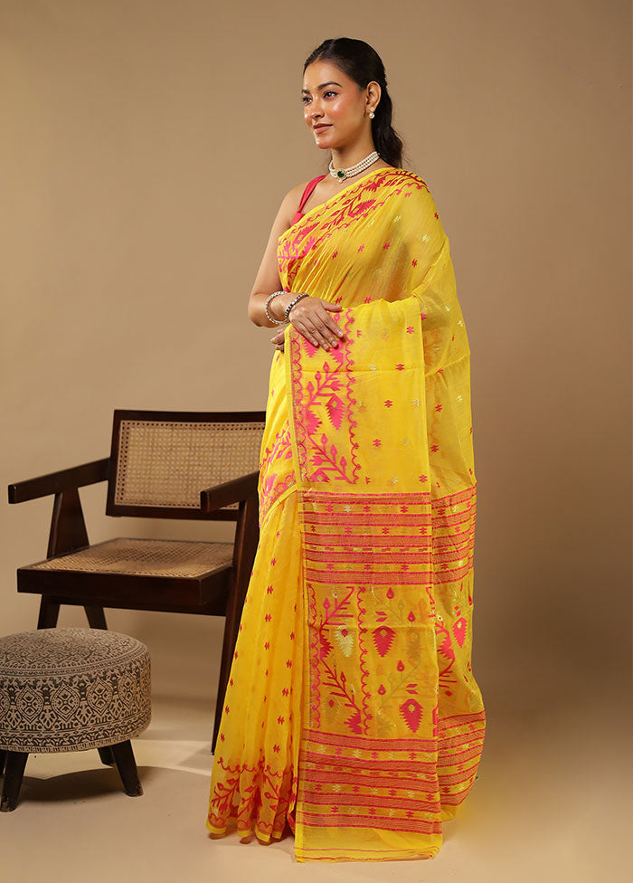 Yellow Jamdani Cotton Saree Without Blouse Piece
