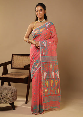 Pink Jamdani Cotton Saree With Blouse Piece