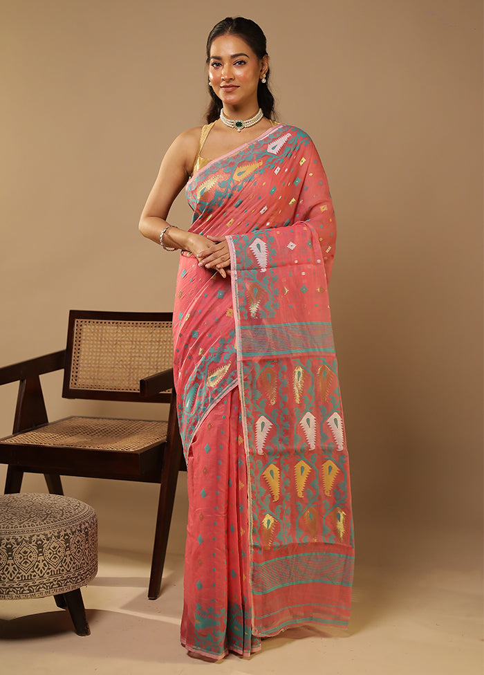 Pink Jamdani Cotton Saree With Blouse Piece