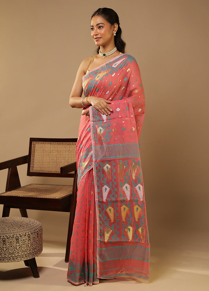 Pink Jamdani Cotton Saree With Blouse Piece