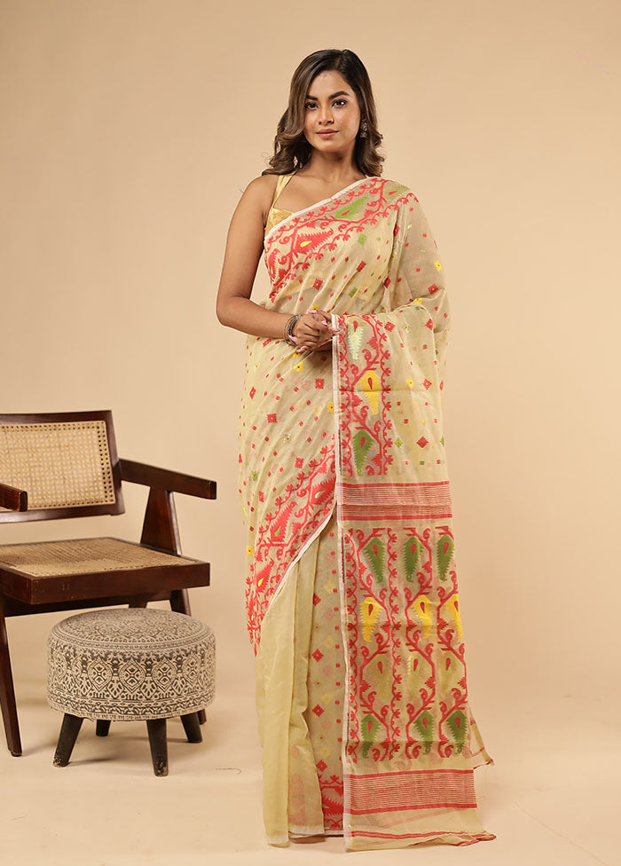 Cream Jamdani Cotton Saree With Blouse Piece