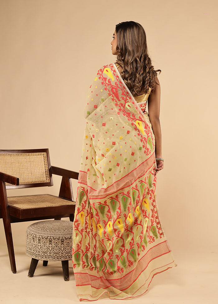 Cream Jamdani Cotton Saree With Blouse Piece
