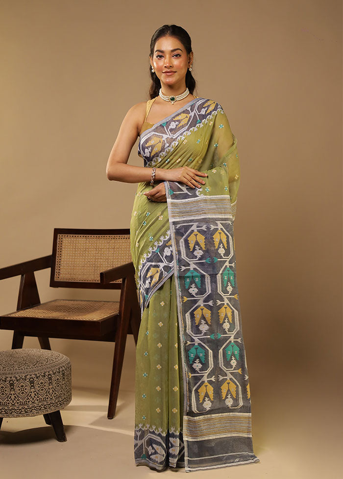 Green Jamdani Cotton Saree Without Blouse Piece