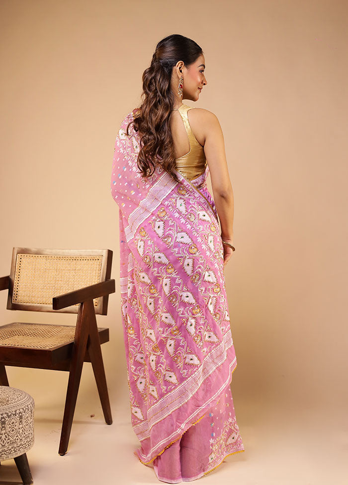 Pink Jamdani Cotton Saree Without Blouse Piece