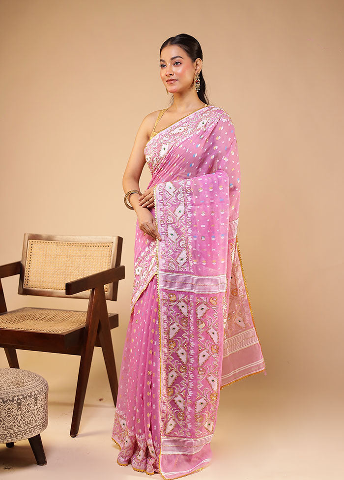 Pink Jamdani Cotton Saree Without Blouse Piece