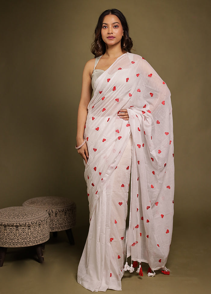 White Mulmul Cotton Saree Without Blouse Piece