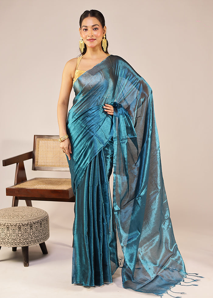 Blue Tissue Silk Saree With Blouse Piece