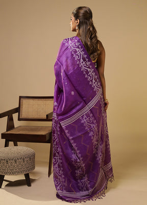 Purple Handloom Tussar Pure Silk Saree With Blouse Piece