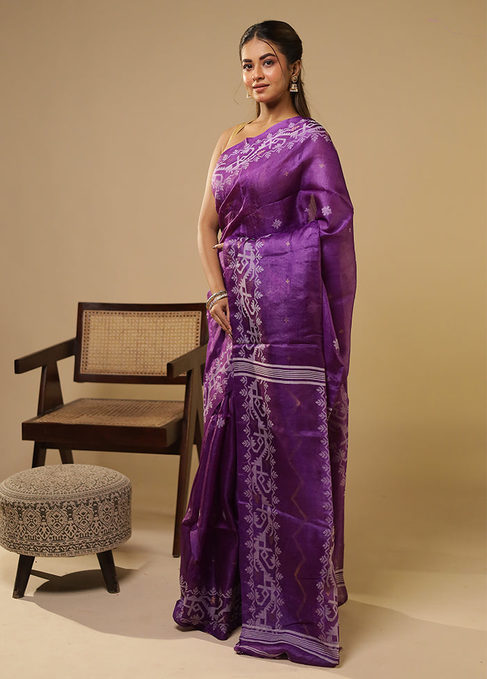 Purple Handloom Tussar Pure Silk Saree With Blouse Piece