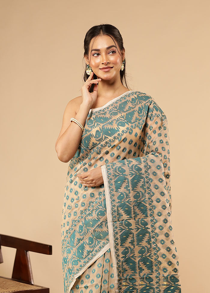 Cream Khadi Cotton Saree Without Blouse Piece