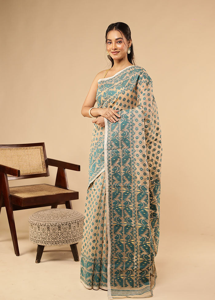 Cream Khadi Cotton Saree Without Blouse Piece