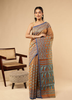 Blue Khadi Cotton Saree Without Blouse Piece
