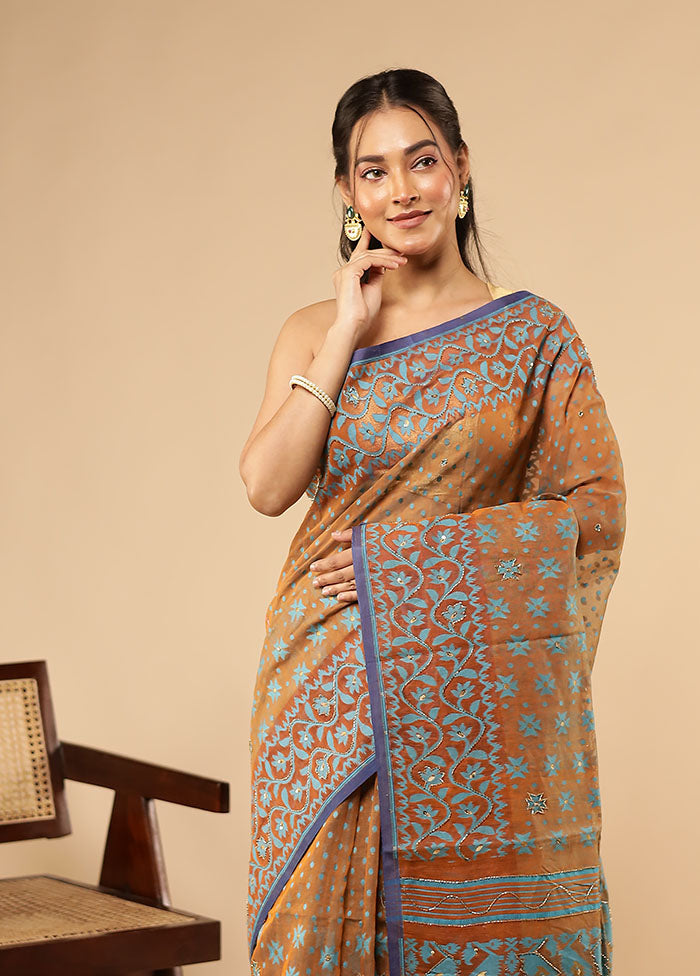 Blue Khadi Cotton Saree Without Blouse Piece
