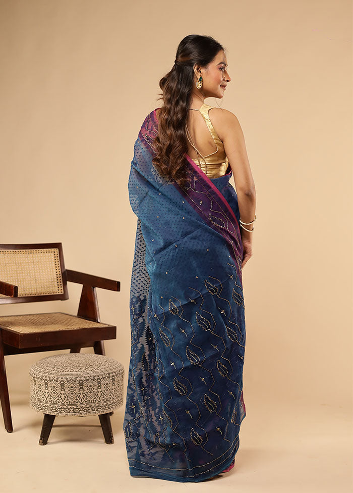 Blue Khadi Cotton Saree Without Blouse Piece