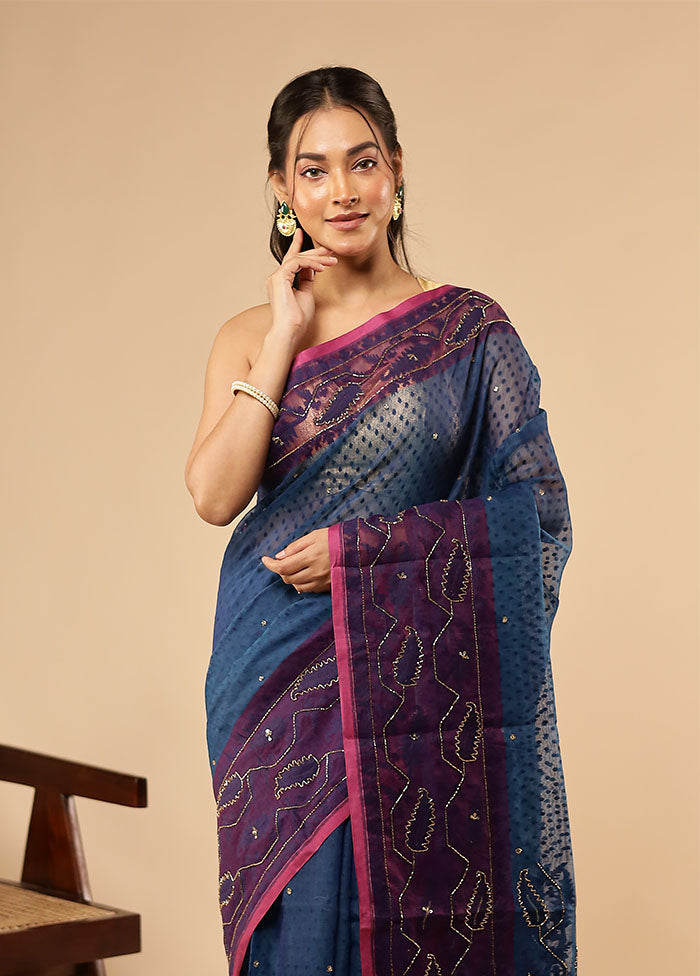 Blue Khadi Cotton Saree Without Blouse Piece
