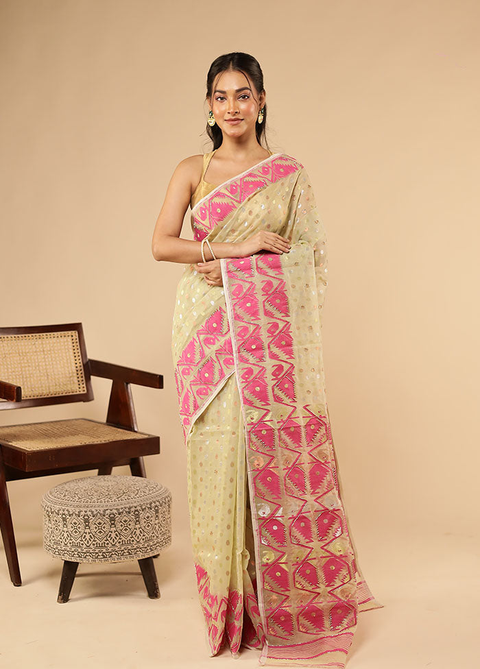 Cream Khadi Cotton Saree Without Blouse Piece