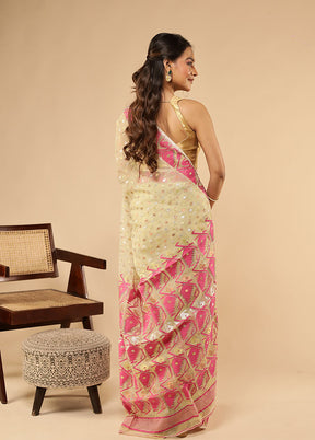 Cream Khadi Cotton Saree Without Blouse Piece