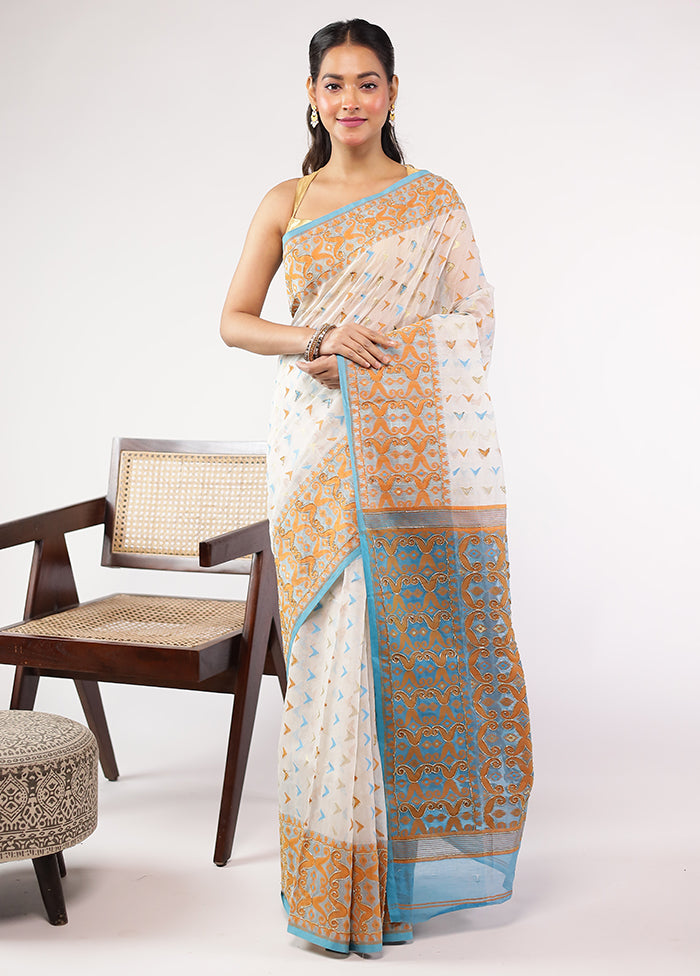 White Cutdana Jamdani Saree Without Blouse Piece
