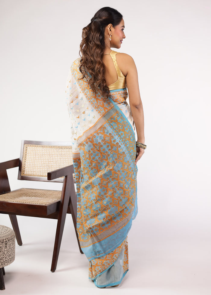 White Cutdana Jamdani Saree Without Blouse Piece