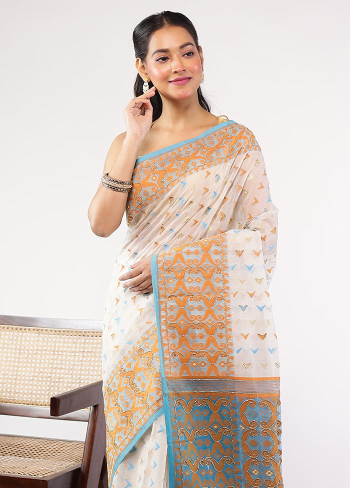 White Cutdana Jamdani Saree Without Blouse Piece