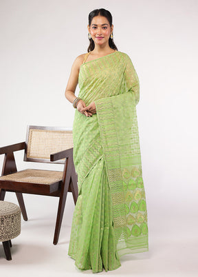 Green Cutdana Jamdani Saree Without Blouse Piece