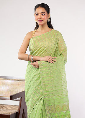 Green Cutdana Jamdani Saree Without Blouse Piece