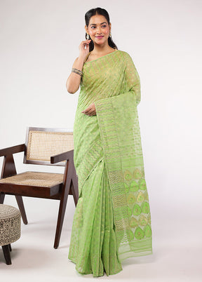 Green Cutdana Jamdani Saree Without Blouse Piece