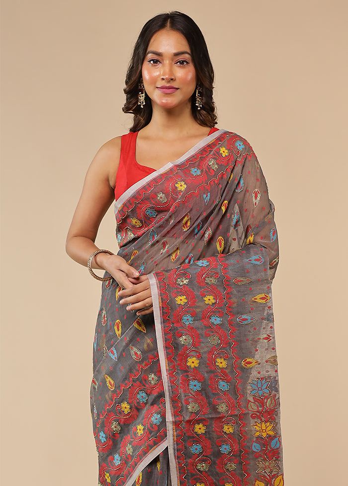 Grey Cutdana Jamdani Saree Without Blouse Piece