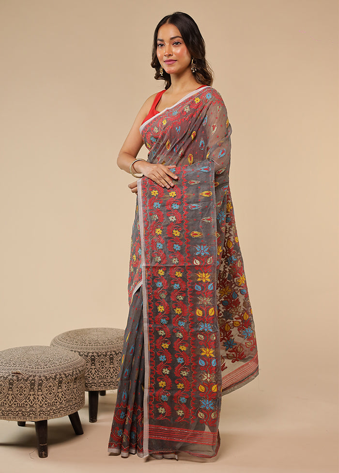 Grey Cutdana Jamdani Saree Without Blouse Piece