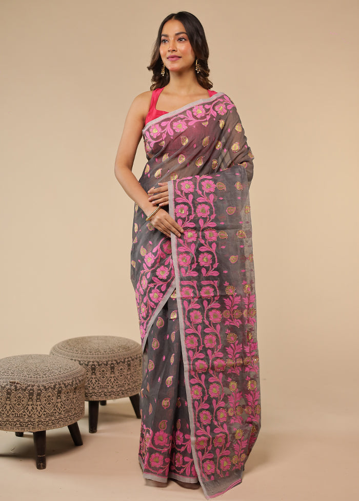 Maroon Cutdana Jamdani Saree Without Blouse Piece