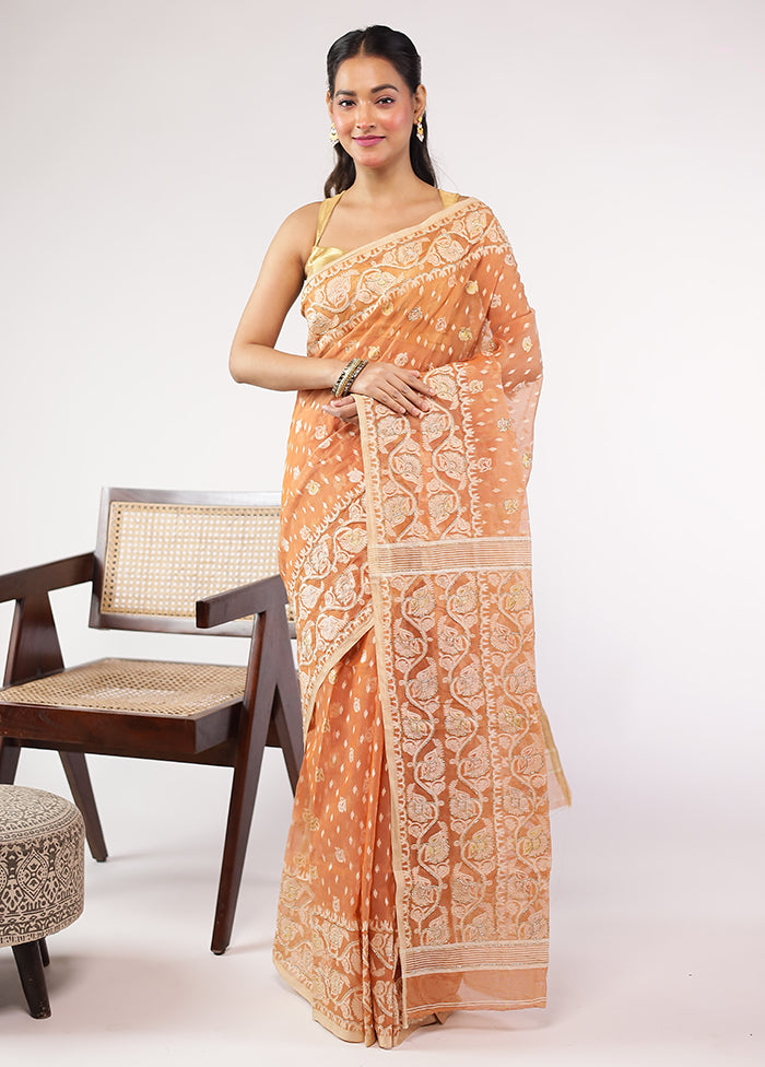 Peach Cutdana Jamdani Saree Without Blouse Piece