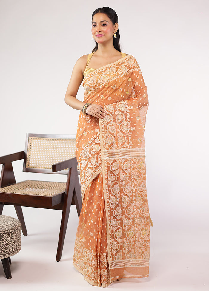 Peach Cutdana Jamdani Saree Without Blouse Piece