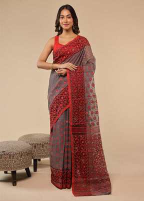 Red Cutdana Jamdani Saree Without Blouse Piece