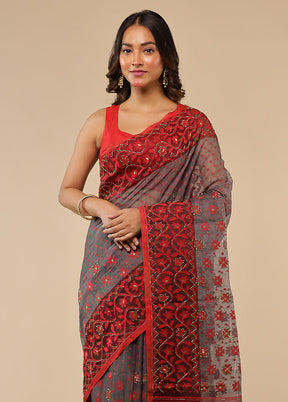 Red Cutdana Jamdani Saree Without Blouse Piece