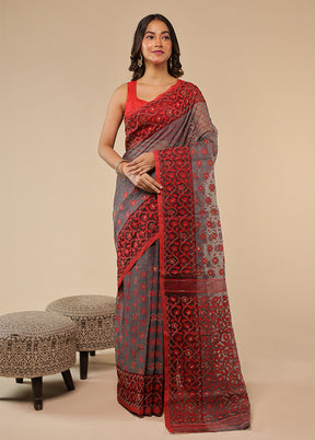Red Cutdana Jamdani Saree Without Blouse Piece