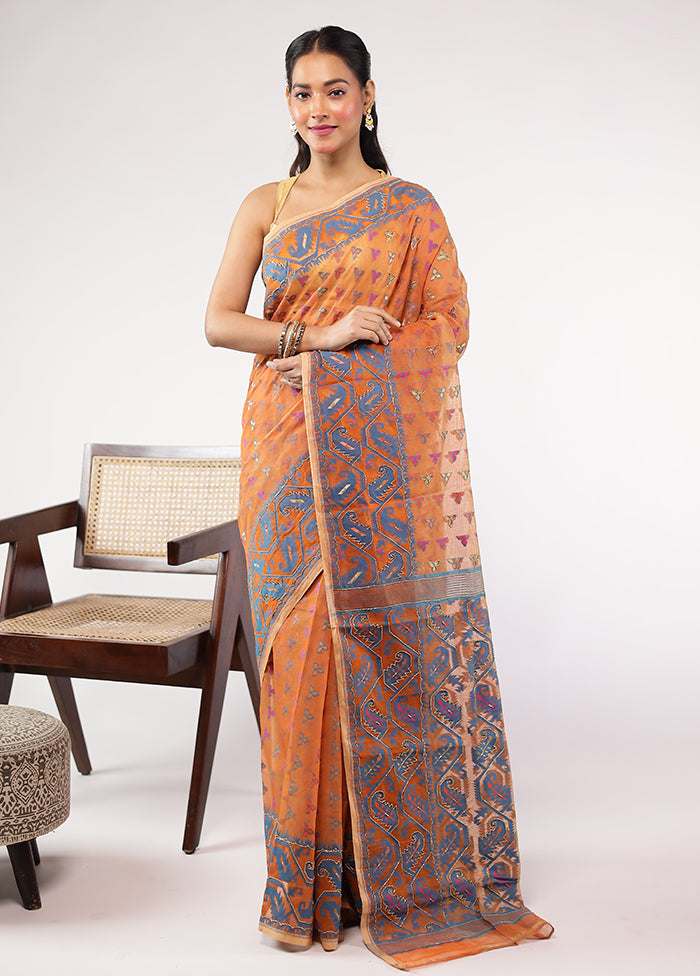 Rust Cutdana Jamdani Saree Without Blouse Piece