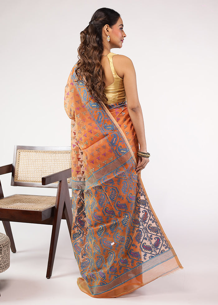 Rust Cutdana Jamdani Saree Without Blouse Piece