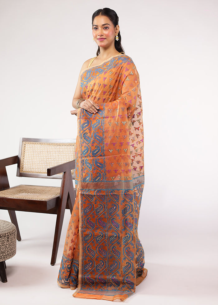 Rust Cutdana Jamdani Saree Without Blouse Piece