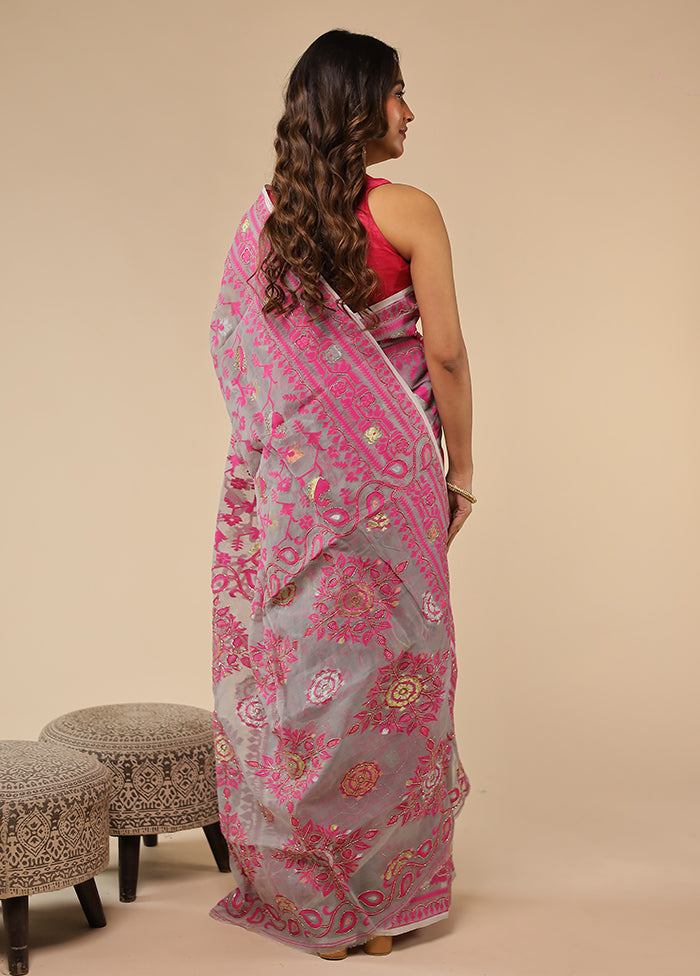 Pink Cutdana Jamdani Saree Without Blouse Piece