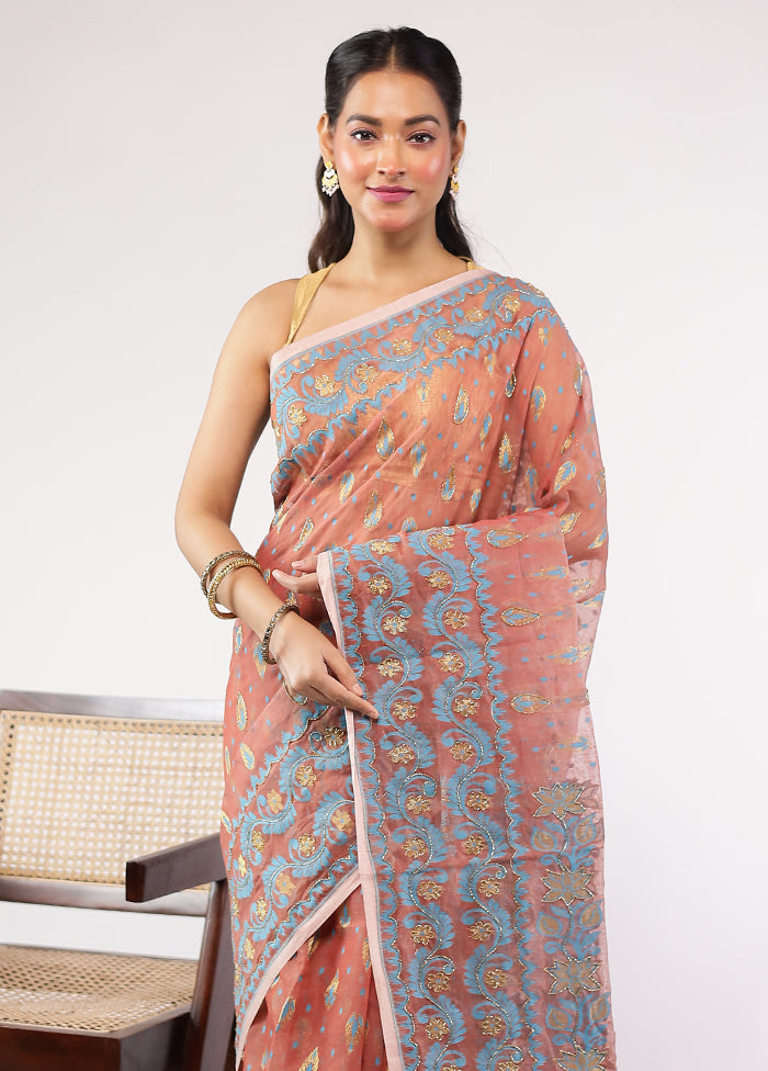 Pink Cutdana Jamdani Saree Without Blouse Piece