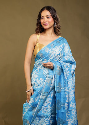 Blue Dupion Silk Saree With Blouse Piece