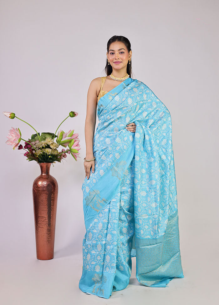 Blue Dupion Silk Saree With Blouse Piece