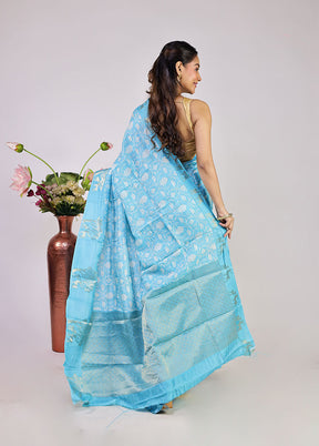 Blue Dupion Silk Saree With Blouse Piece