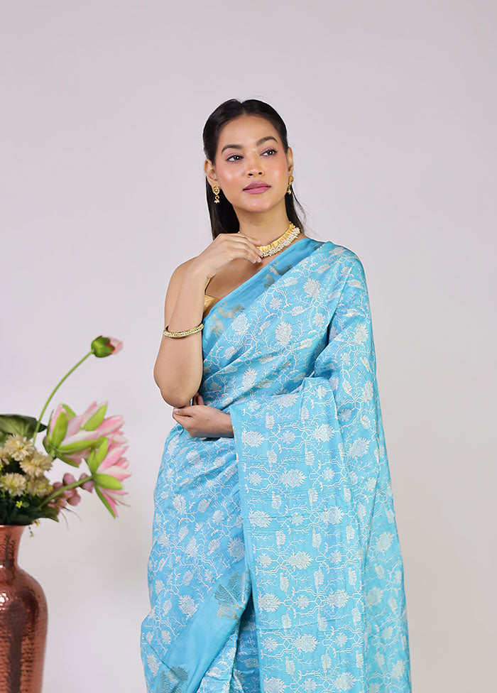 Blue Dupion Silk Saree With Blouse Piece