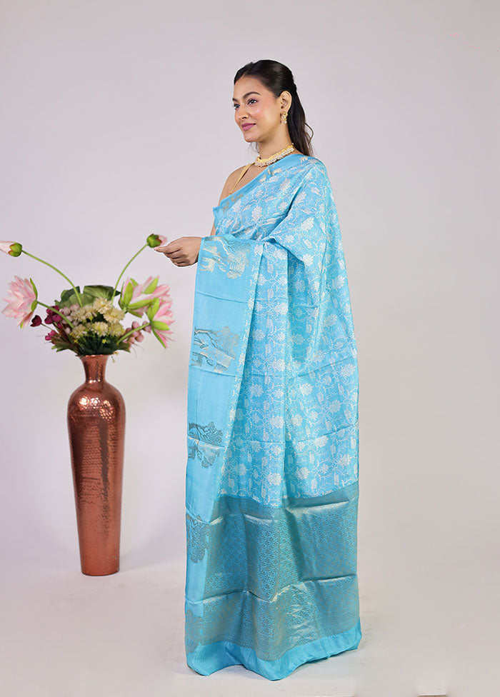 Blue Dupion Silk Saree With Blouse Piece