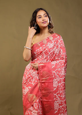 Pink Chanderi Silk Saree With Blouse Piece