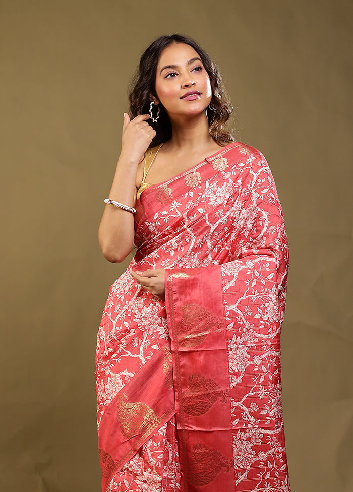 Pink Chanderi Silk Saree With Blouse Piece