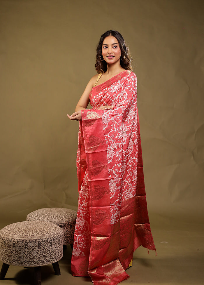Pink Chanderi Silk Saree With Blouse Piece
