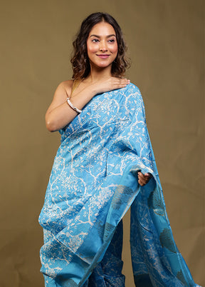 Blue Chanderi Silk Saree With Blouse Piece