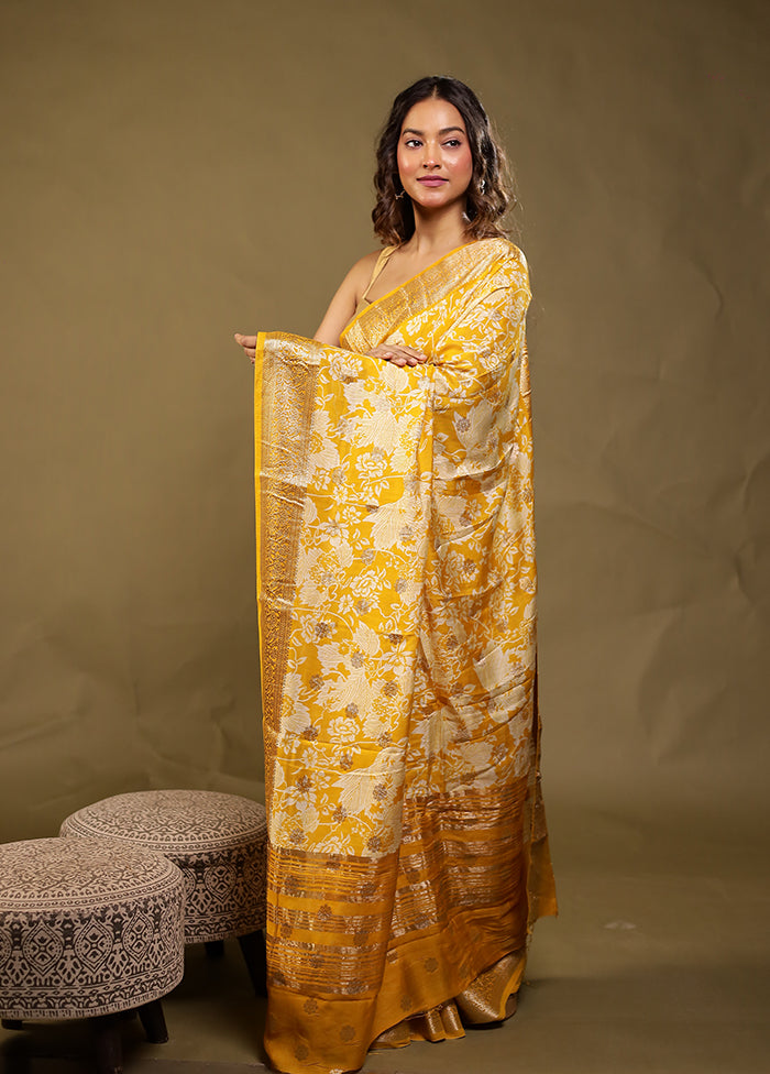 Yellow Chanderi Silk Saree With Blouse Piece
